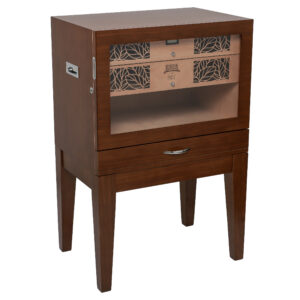Humidor Supreme Balthazar II End Table Humidor w/ Front Opening Glass Door w/ Small Hydra and Hydra kit, 540-1024 Cigar Capacity in Walnut