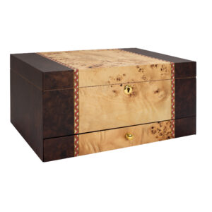Humidor Supreme Florina Walnut Mappa Burl Humidor w/ Inlay & Accessory Drawer 45-80 Cigar Capacityw/ 3 - Xikar-Boveda 84% Seasoning Packs